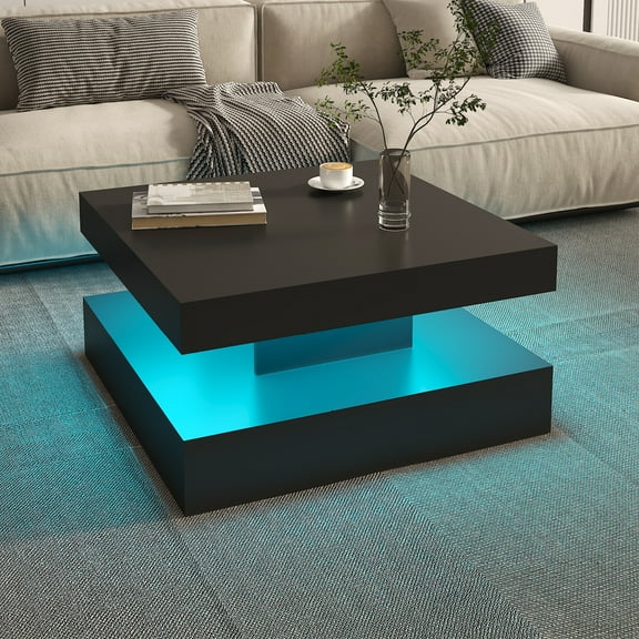 Modern Black LED Coffee Table with Storage - 2-Tier Square Wooden Center Table for Living Room & Dining Reception