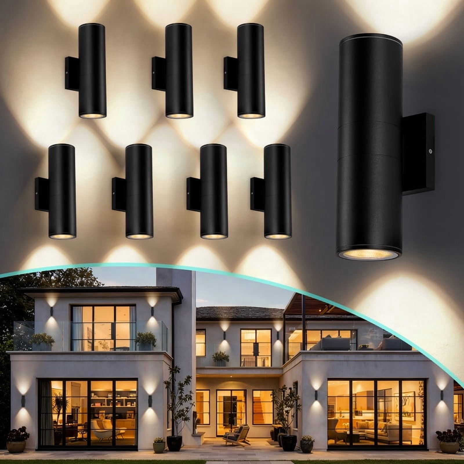 HKMGT Modern Black LED Outdoor Wall Light Hard-Wired 12W, Waterproof Aluminum Up Down Sconce for Porch Patio (8-pack)