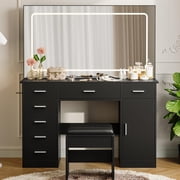 Modern Black LED Vanity Desk with 7 Drawers   3-Mode Dimmable Mirror, Charging Station & Hairdryer Holder   Includes Stool, Dressing Table for Bedroom