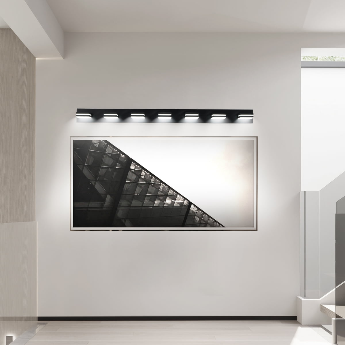 Modern Black LED Vanity Light, 7-Lights Wall Sconce for Bathroom and Mirror, Sleek Minimalist Design, Energy-Efficient, Easy to Install On-Site