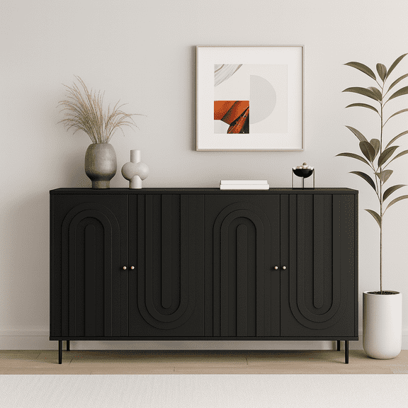 Modern Black Lacquered 4 Door Wooden Cabinet Sideboard Buffet Server Cabinet Storage Cabinet, for Living Room, Entryway, Hallway, Office, Kitchen and Dining Room
