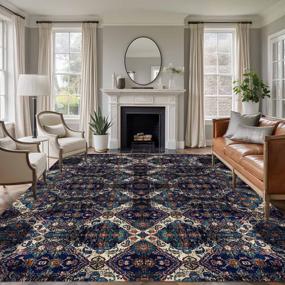 Modern Black, Large Area Rug 8x10 FT, Non Slip Living Room Throw Carpet, Abstract Rustic Chic Geometric Bohemia Washable Soft Indoor Outdoor Carpet Non-Shedding Rug for Bedroom Dining Room