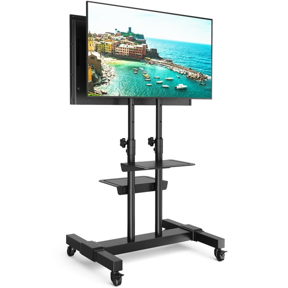 Modern Black Large Heavy Duty Mobile TV Stand Rolling TV Cart for 40 to 80 inch Black Dual Metal Shelf