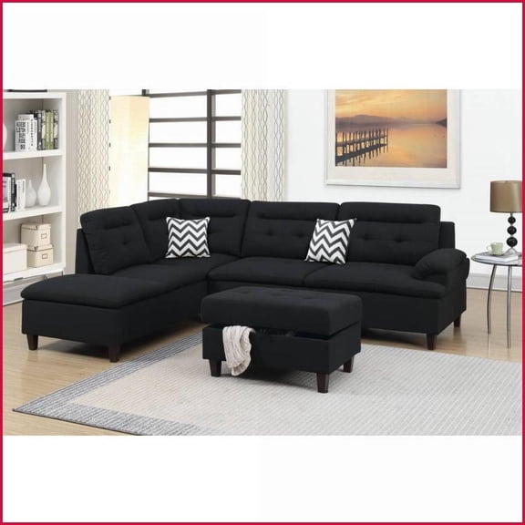 Modern Black Linen-Like Polyfiber Sectional Sofa with Left-Facing Chaise & Storage Ottoman for Living Room | Black | Solid Wood Frame | Cushion Back