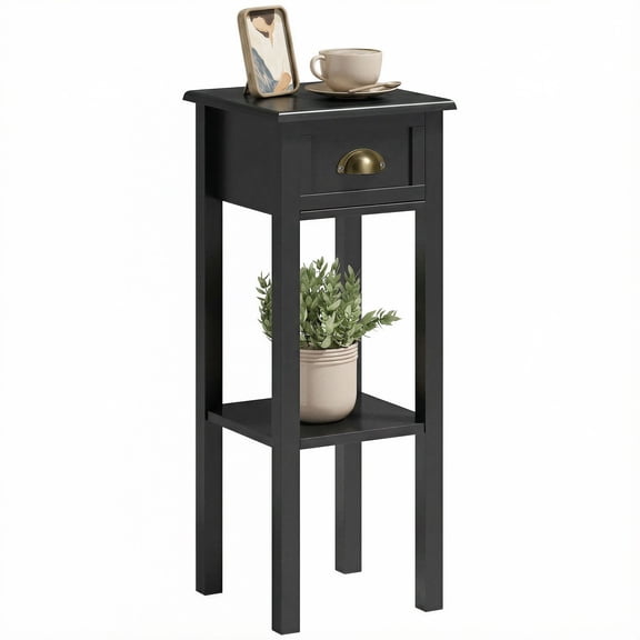 Modern Black MDF End Table with Drawer and Bottom Shelf, Slim Side Table for Living Room, Bedroom or Entryway, Compact Space-Saving Accent Table, 11.75 x 11.75 x 29.5 Inches