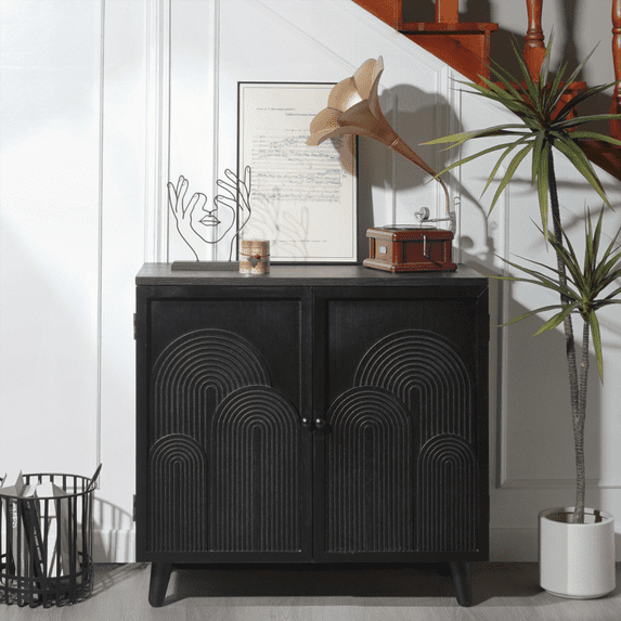 Modern Black Manufactured Wood Storage Cabinet - 31in Accent Cabinet with Embossed Doors for Living Room, Bedroom, Entryway