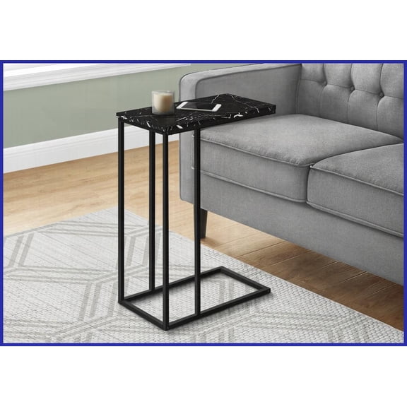Modern Black Marble-Look Coffee Table, Space-Saving C-Shaped with Metal Base for Living Room Bedroom