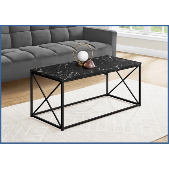 Modern Black Marble-Look Coffee Table with X-Frame Metal Base, Easy-Clean, Perfect for Living Room/Office