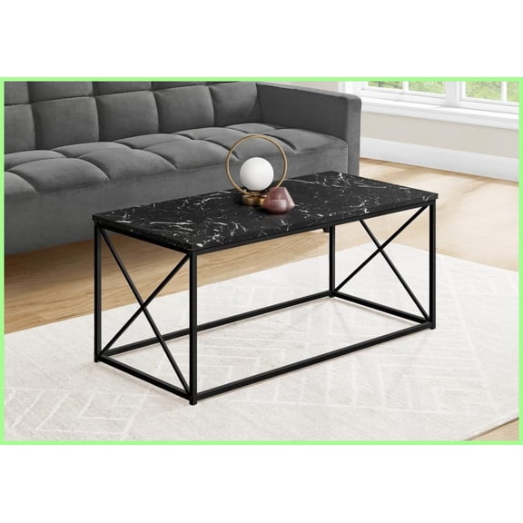 Modern Black Marble-Look Coffee Table with X-Frame Metal Base, Easy-Clean, Perfect for Living Room/Office