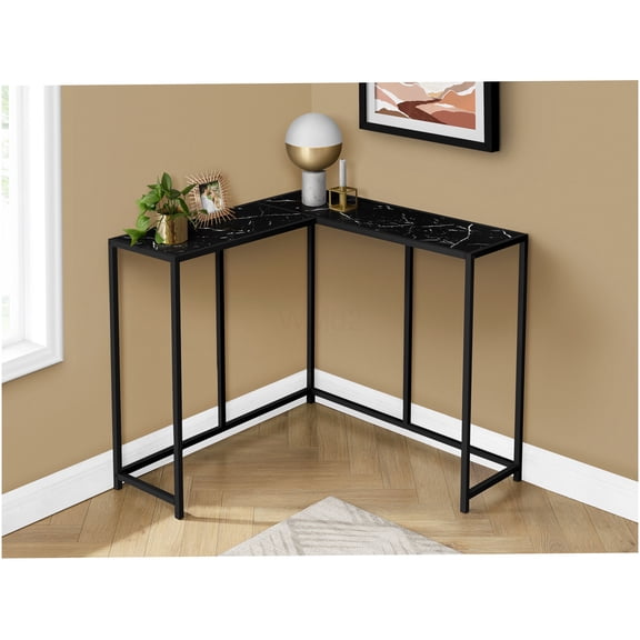 Modern Black Marble Look Corner Console Table with Metal Frame for Living Room & Bedroom