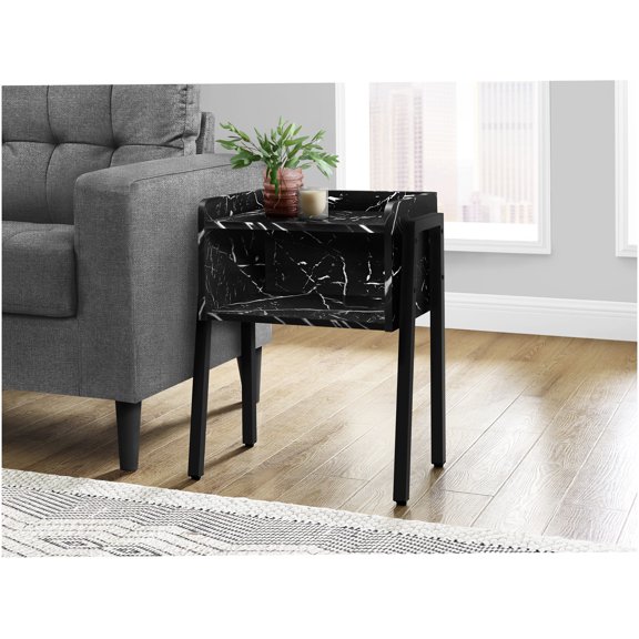 Modern Black Marble Look End Table with Storage Cubby, Contemporary Side Table for Living Room and Bedroom, Black Metal Frame