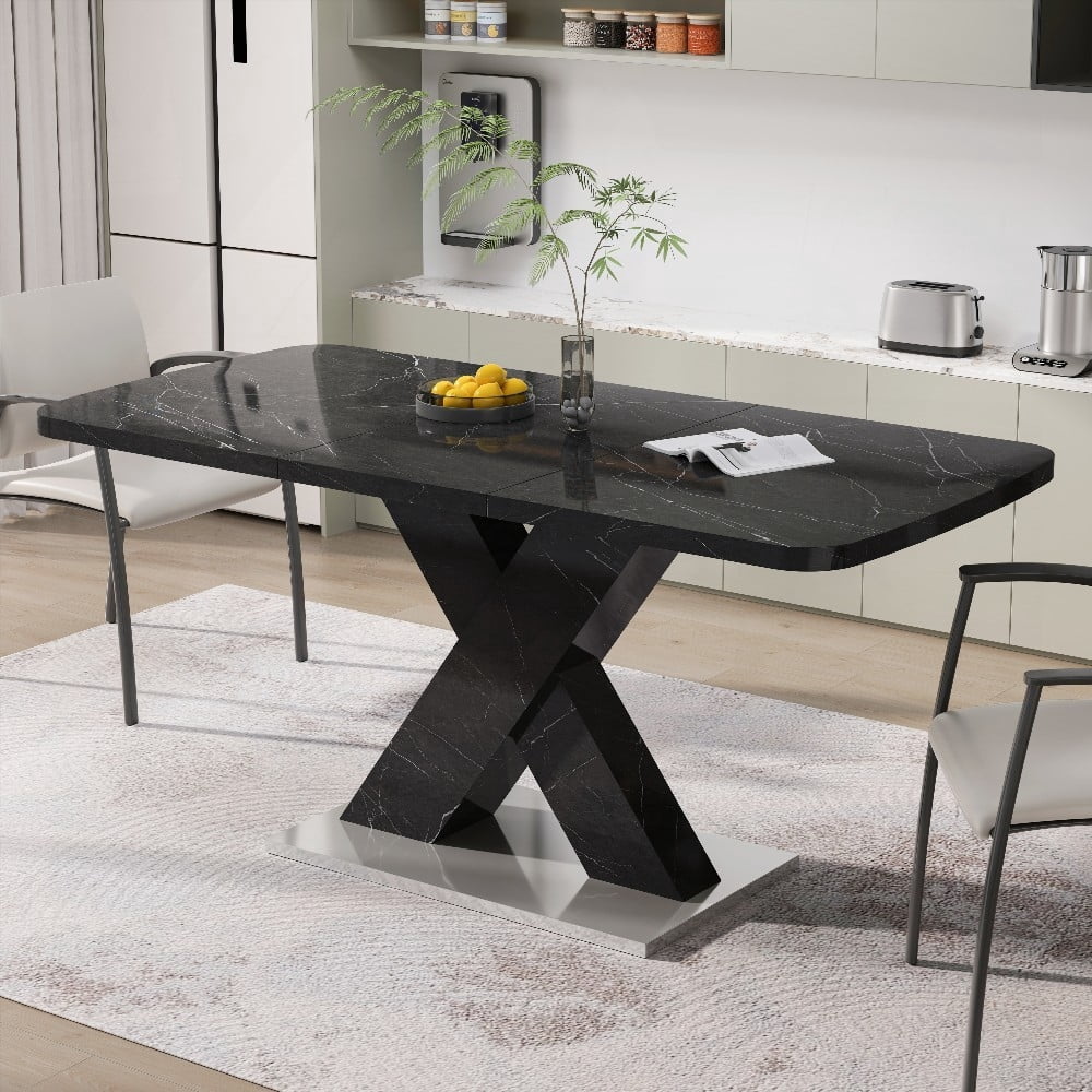 Modern Black Marble Square Dining Table with Stretchable MDF X-Shape ...