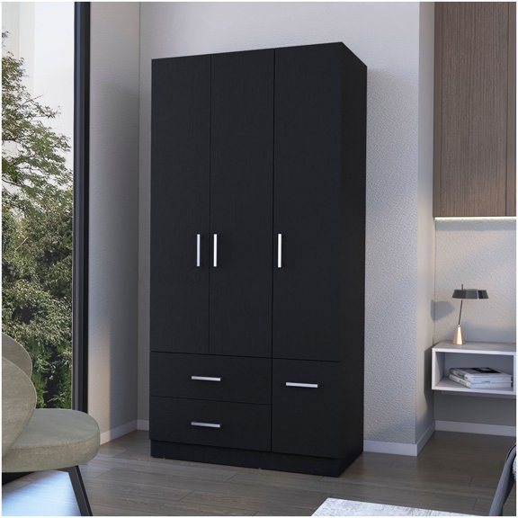 Modern Black Melamine Armoire with 4 Doors and 2 Drawers for Enhanced Organization