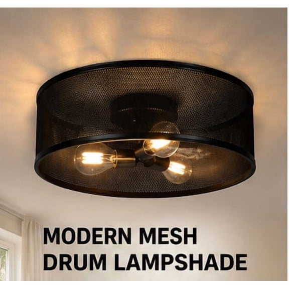 Modern Black Mesh Drum Ceiling Light Fixture 13" Industrial Flush Mount Lampshade for Living Room, Bedroom & Hallway