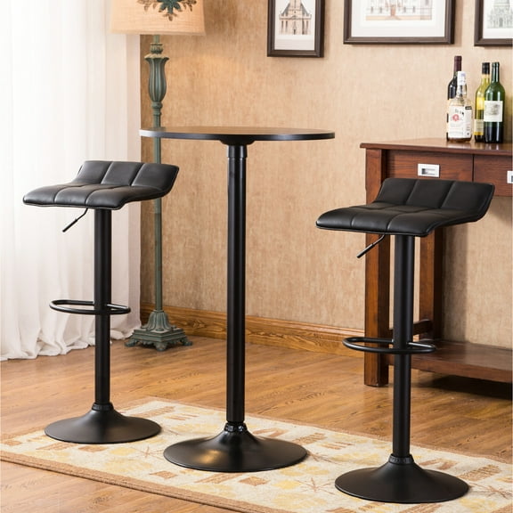 Modern Black Metal Bar Table And 2 Swiveling Bonded Leather Stools, Adjustable For Dining Room Appeal Item Swivel Stylish Addition