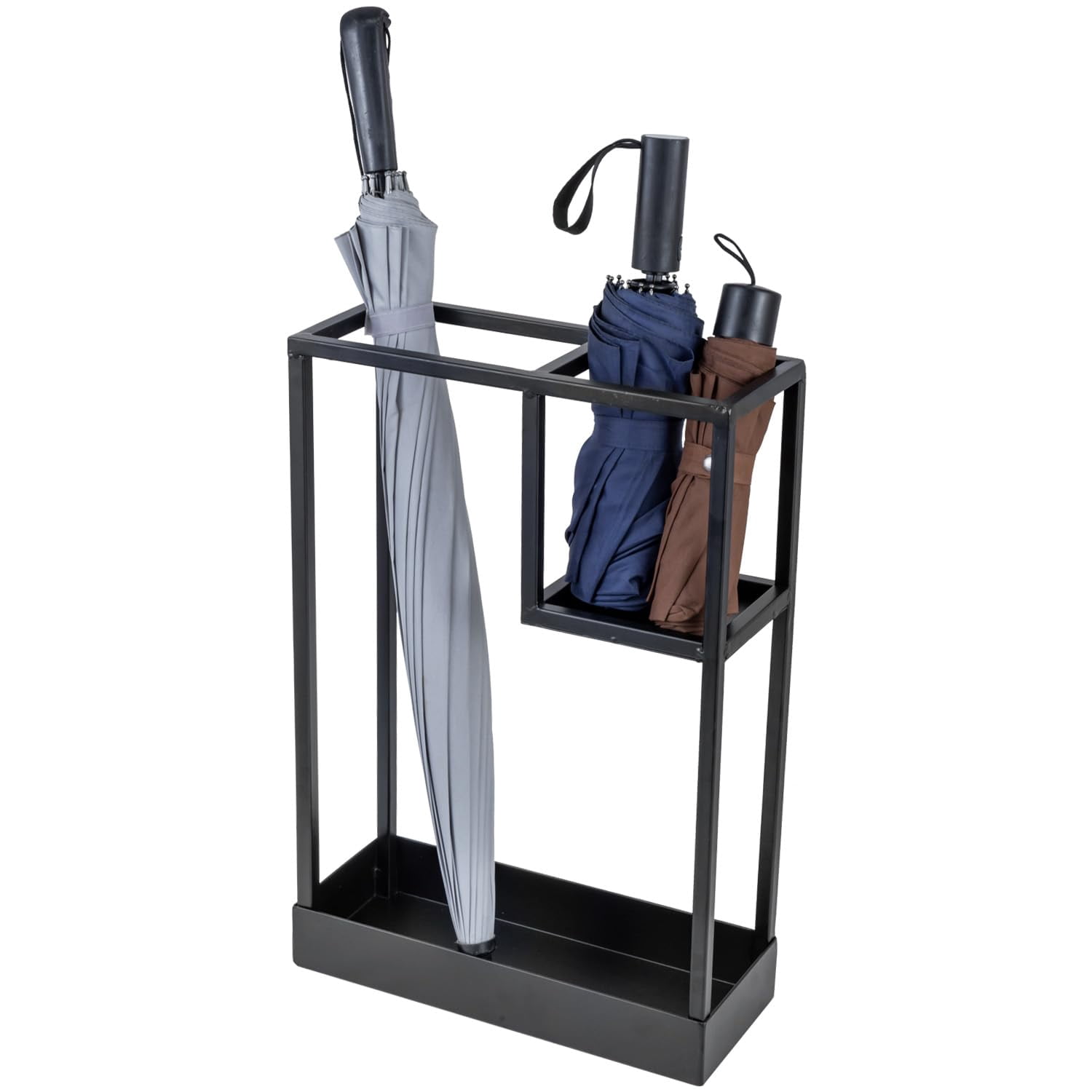 Modern Black Metal Entryway Umbrella Rack With Geometric Design  13 X 5-inch Wide Rectangular Freestanding Cane Holder Shelf For Small And Bottom Drip Catch Tray