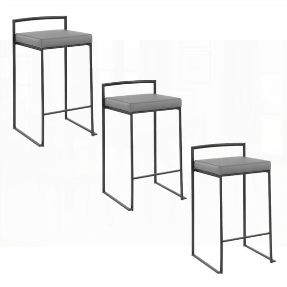 Modern Black Metal & Grey Faux Leather 26" Stackable Counter Stools - Set of 3