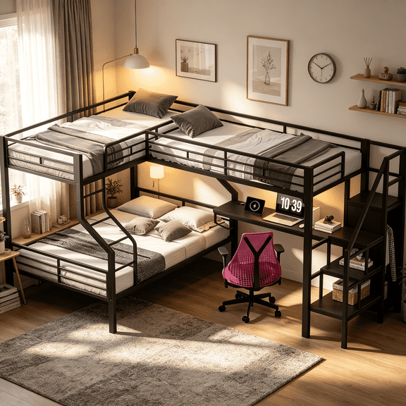 Modern Black Metal L-Shaped Loft Bunk Bed with Wardrobe and Desk, Space Saving Bed Frame for Shared Rooms and Apartments
