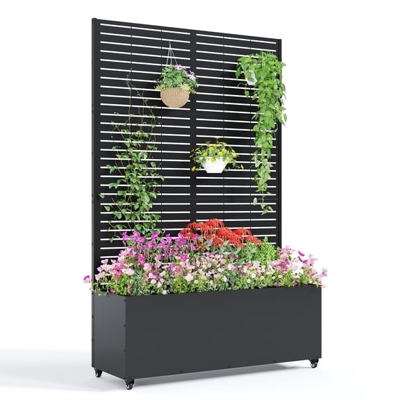 Modern Black Metal Raised Garden Bed with Trellis Large Outdoor Planter Box 71"x47"x16" 15.8" With wheels horizontal stripes Black