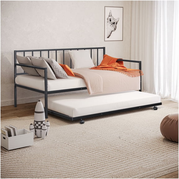 Modern Black Metal Twin Daybed with Trundle, Space Saving Design for Guest Room or Small Space