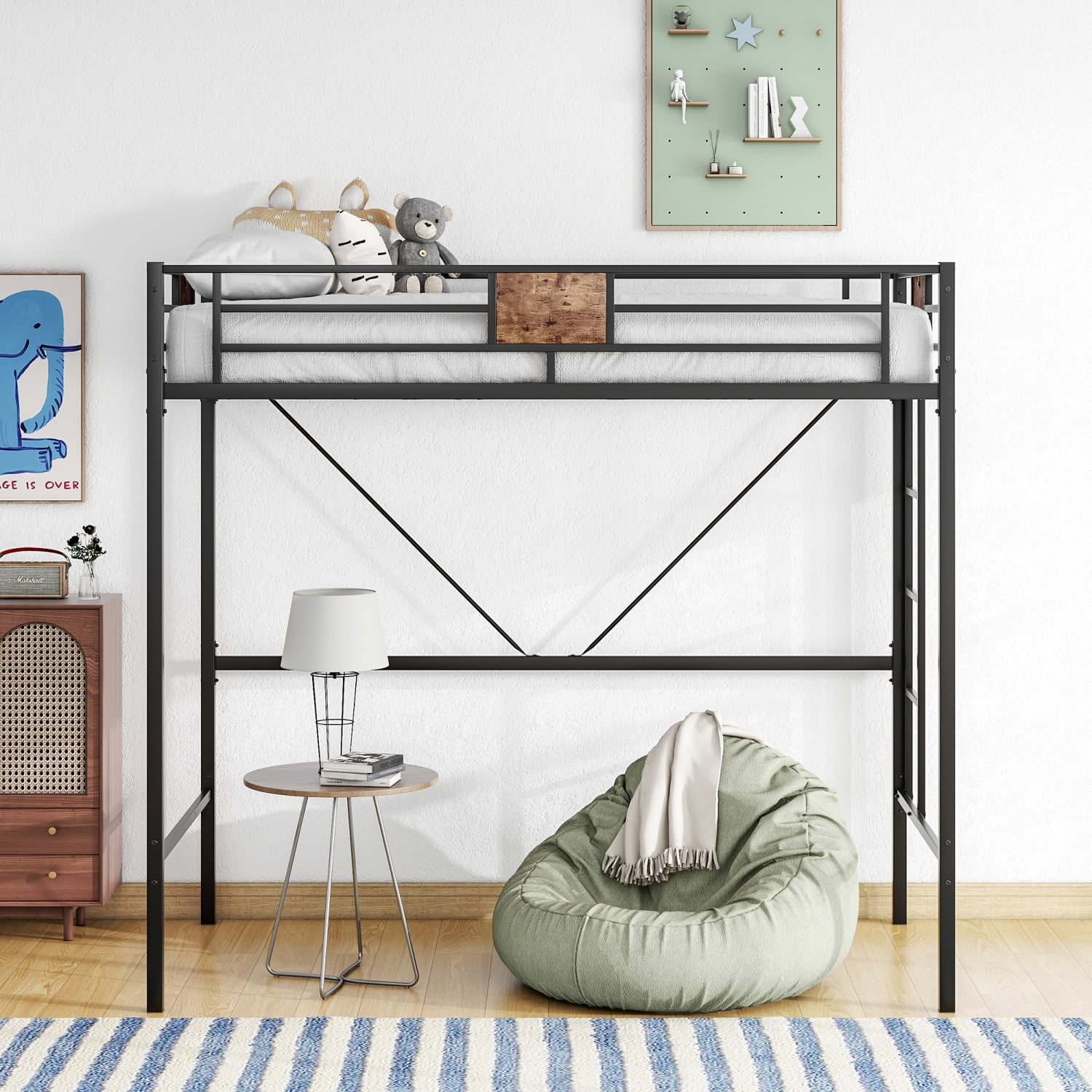Modern Black Metal Twin Loft Bed Frame with NoiseFree FullLength