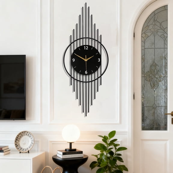 Modern Black Metal Wall Clock, Art Deco Style Large Decorative Clock for Living Room, Silent Non-Ticking Hanging Clock with Geometric Design, Unique Home Decor & Kitchen/Bedroom Wall Art