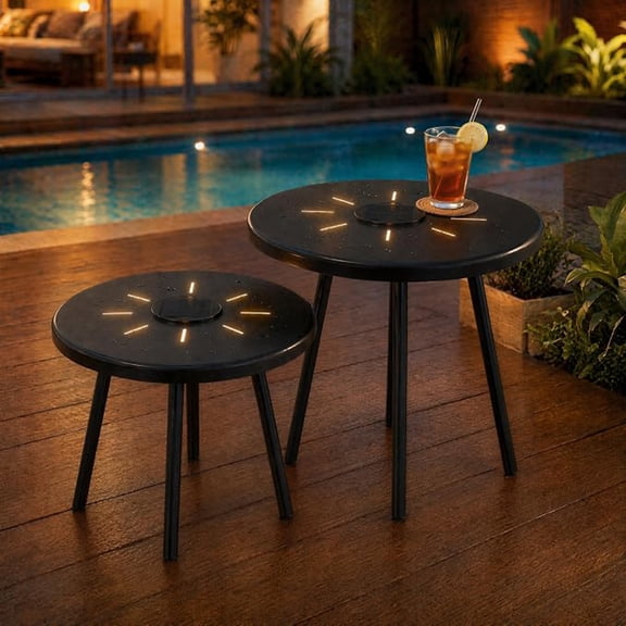 Modern Black Metal Wire Round End Tables ,Solar Nesting Side Table Set of 2,with Dusk To Dawn LED Light & on/Off Switch, Industrial Accent Tables for Patio, Balcony, Living Room, Garden