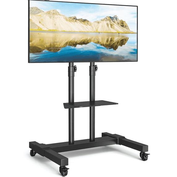 RTVR Rolling Mobile TV Cart Stand on Wheels for 32 to 83 inch Screen TVs, Floor Stand Modern Black Shelf, Max VESA 600x400mm