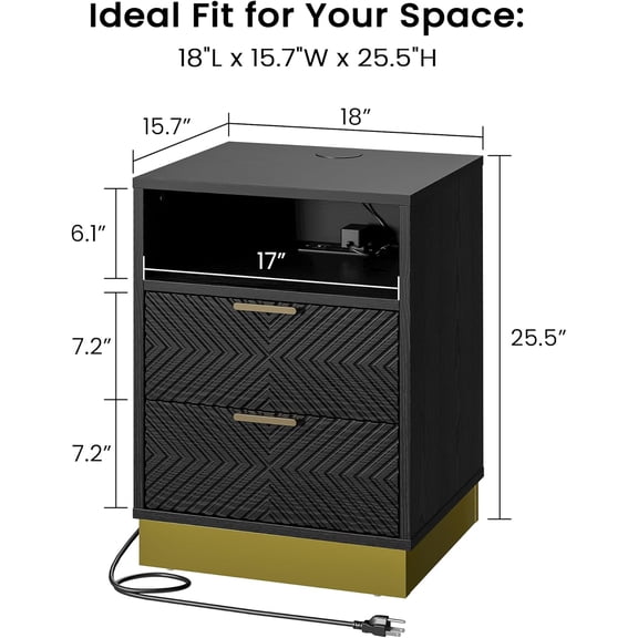 Modern Black Nightstand with 15W Wireless Fast Charger, Dual Drawers, USB/Type-C Port & AC Outlets, Sturdy Engineered Wood Bedside Table with Gold Accents for Bedroom Organization
