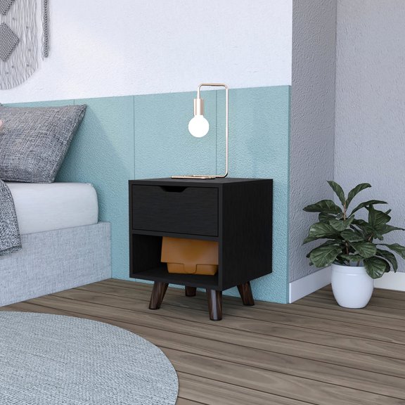 Modern Black Nightstand, Drawer for Essentials / Shelf for Decorative Items