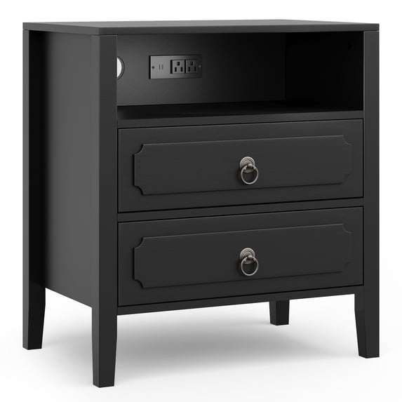Modern Black Nightstand with Hidden Charging Station, USB Ports, Cable Hole, 2 Drawers & Open Shelf, 24" Matte Finish Bedside Table for Bedroom or Living Room