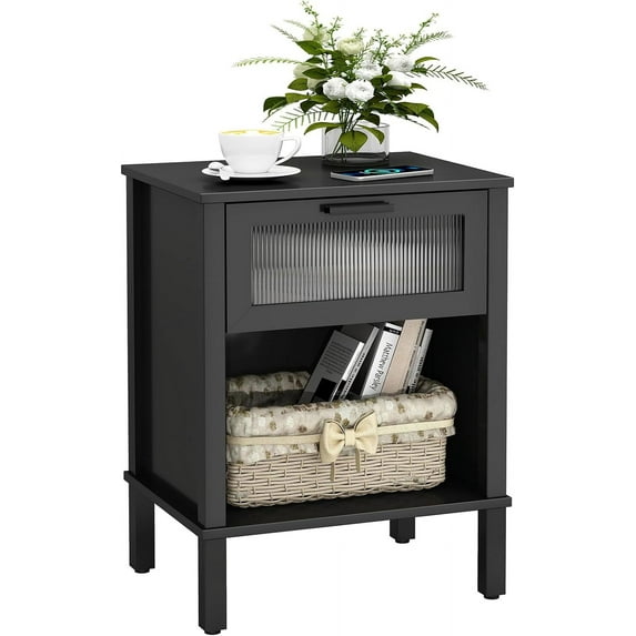 Modern Black Nightstand,Side Table with Acrylic Drawer, Bedside Table with Storage,Couch End Table for Living Room, Bedroom,Small Space,Easy Assembly,Black