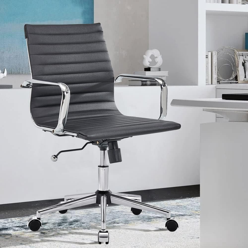 Modern Black Office Chair Computer Desk Chairs Conference Leather Home Office Dsek Chair Mid Back Swivel Chairs with Arms (Black)…