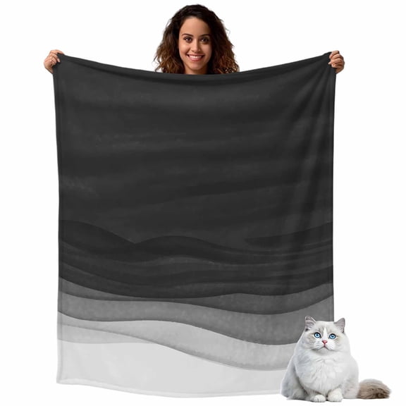 Modern Black Ombre Water Ripple Throw Blanket Flannel Fleece Throws, Gradient Stripe Minimalist Lightweight Super Soft Warm Blankets for Couch Sofa Bed All Season Use, 40x50 in