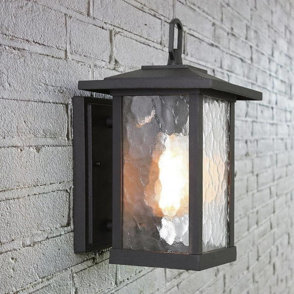 Modern Black Outdoor Wall Sconce, Farmhouse Lantern Coach Light with Waterglass Shade, 1-Light Porch Patio Deck Lighting