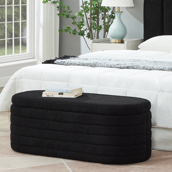 Modern Black Oval Storage Ottoman Bench - No Assembly, Suitable for Various Rooms