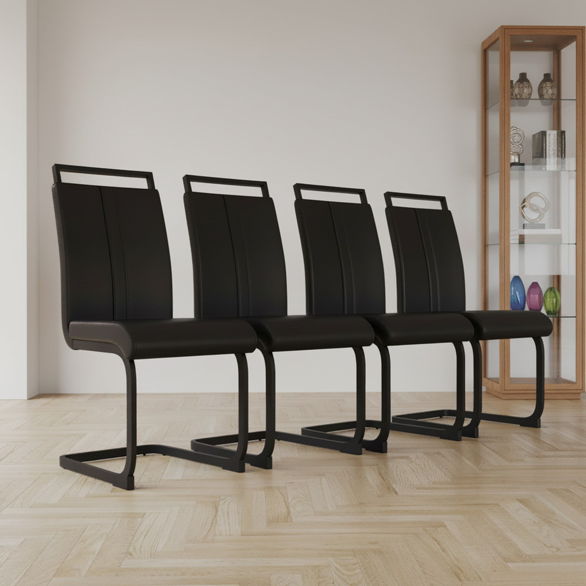 Modern Black PU Leather Dining Chairs with C-Shaped Metal Legs  Set of 4, Faux Leather Upholstery for Kitchen or Dining Room