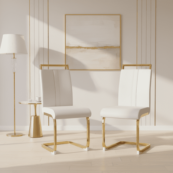 CasaGlajore Luxury Faux Leather Dining Chair, Set of 2 Gold Chromed C Shaped Chairs, Cantilever Dining Chairs with Stainless Steel