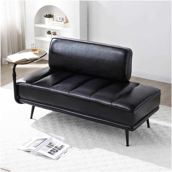 Modern Black PU Leather End of Bed Bench with Swivel Tray Table, Entryway Ottoman for Living Room and Bedroom