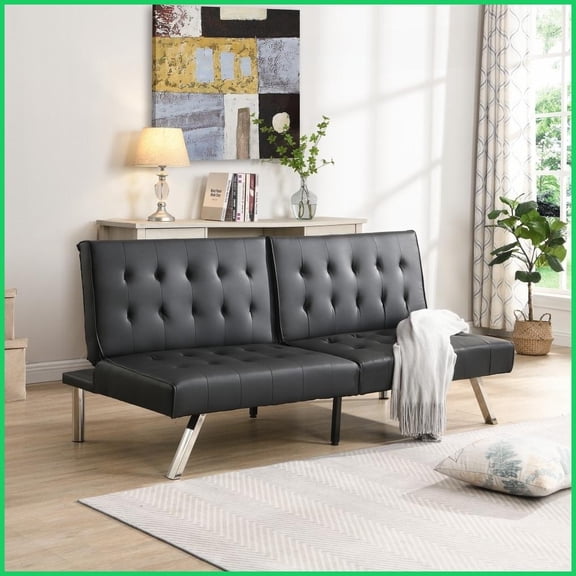 Modern Black PVC Futon Sofa Bed  Solid Wood Frame, Stainless Steel Legs for Living Room, Bedroom & Dorm