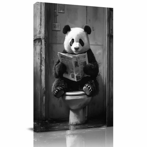 Modern Black Panda Wall Art Bathroom Wall Decor Cute Funny Animals Canvas Ready to Hang for Guest Bathroom, Hotel, 12x18