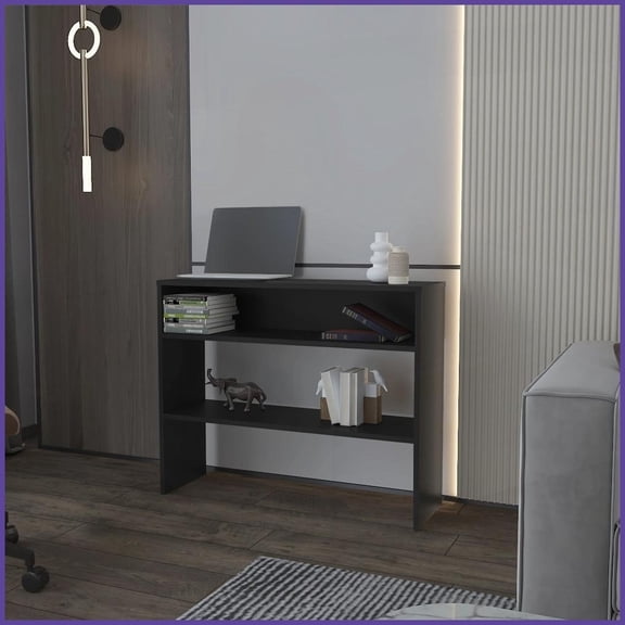 Modern Black Particle Board Console Table with Open Shelves  Versatile Storage for Living Room & Entryway