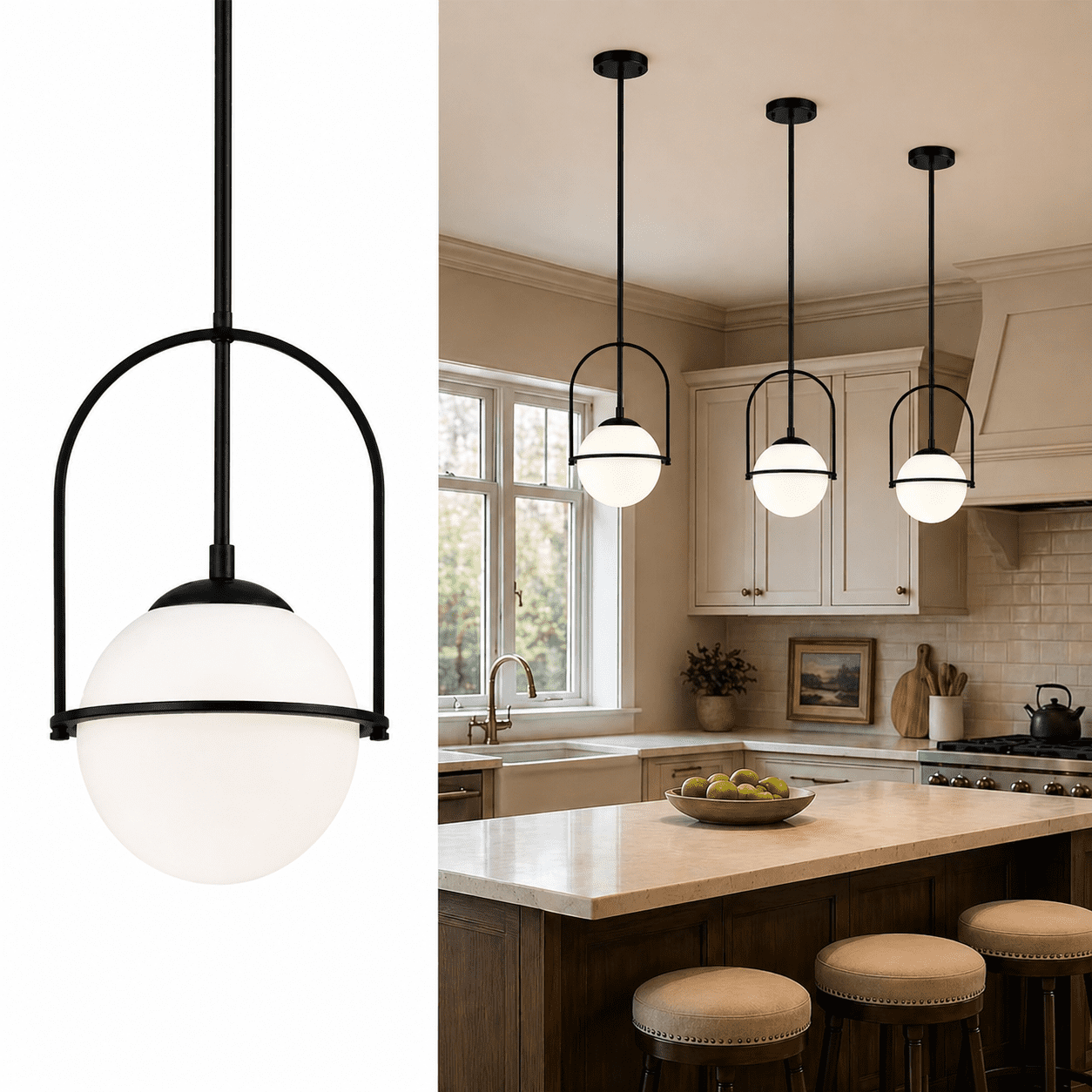 Black Modern Pendant Light Kitchen Island Pendant Light Fixtures with 7.1'' Opal Glass Globe Hanging Light For Dining Room Bedroom  Hallway Entryway