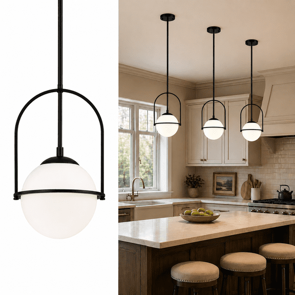 Black Modern Pendant Light Kitchen Island Pendant Light Fixtures with 7.1'' Opal Glass Globe Hanging Light For Dining Room Bedroom Hallway Entryway