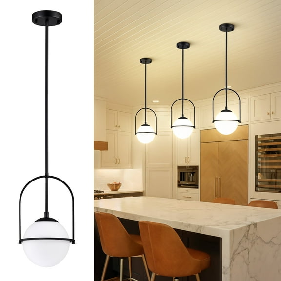 Black Modern Pendant Light Fixtures Mid Century Pendant Lighting 7.1 '' Opal Glass Globe Pendant Lighting For Kitchen Island Hallway Entryway Closet Bedroom Laundry