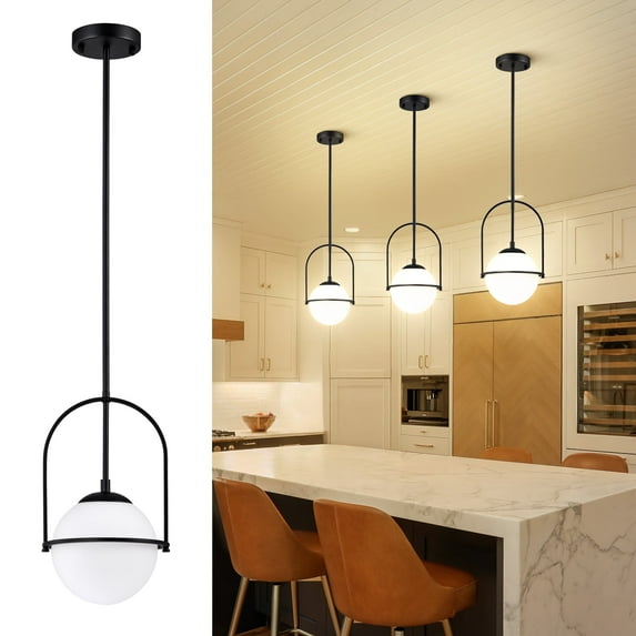 Black Modern Pendant Light Fixtures Mid Century Pendant Lighting 7.1 '' Opal Glass Globe Pendant Lighting For Kitchen Island Hallway Entryway Closet Bedroom Laundry