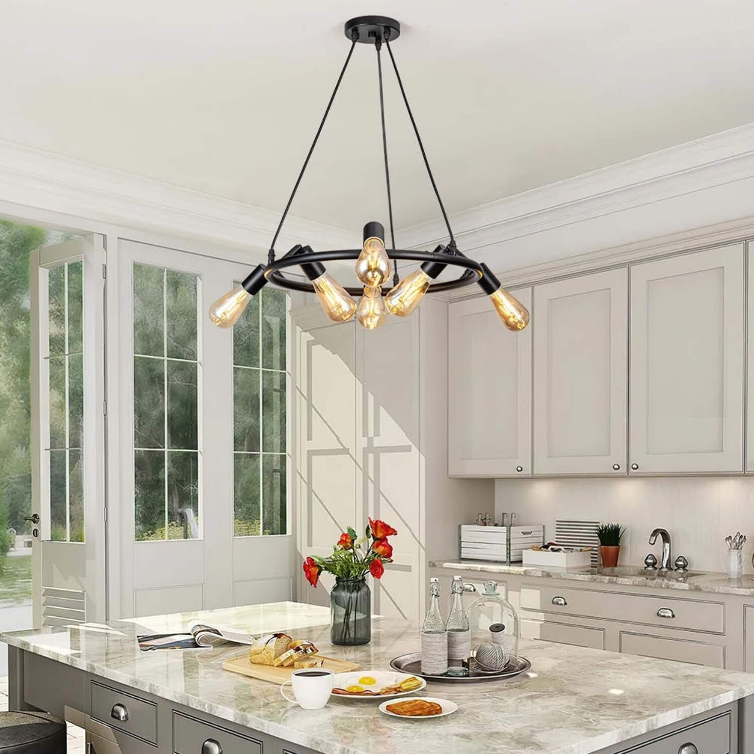 Modern Black Pendant Light over Kitchen Island, Adjustable Wood Hanging Light Fixture,Industrial ...
