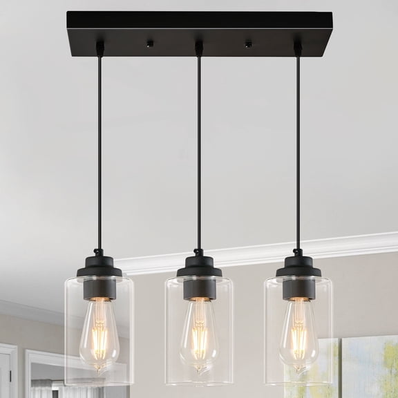 Modern Black Pendant Lights Glass Hanging Light Industrial Farmhouse Lighting for Kitchen Island Dining Room Bedroom（3-Light）