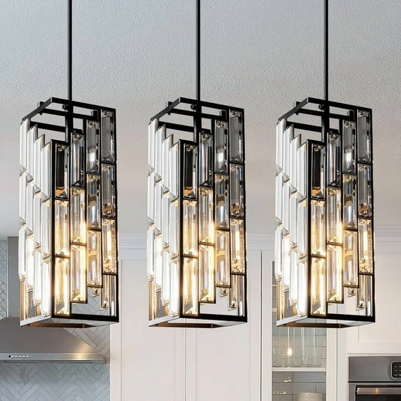 Modern Black Pendant Lights Kitchen Island Adjustable Chandeliers Mini Crystal Pendant Light Fixture for Bedroom Dinning Room Living(3 Pack)
