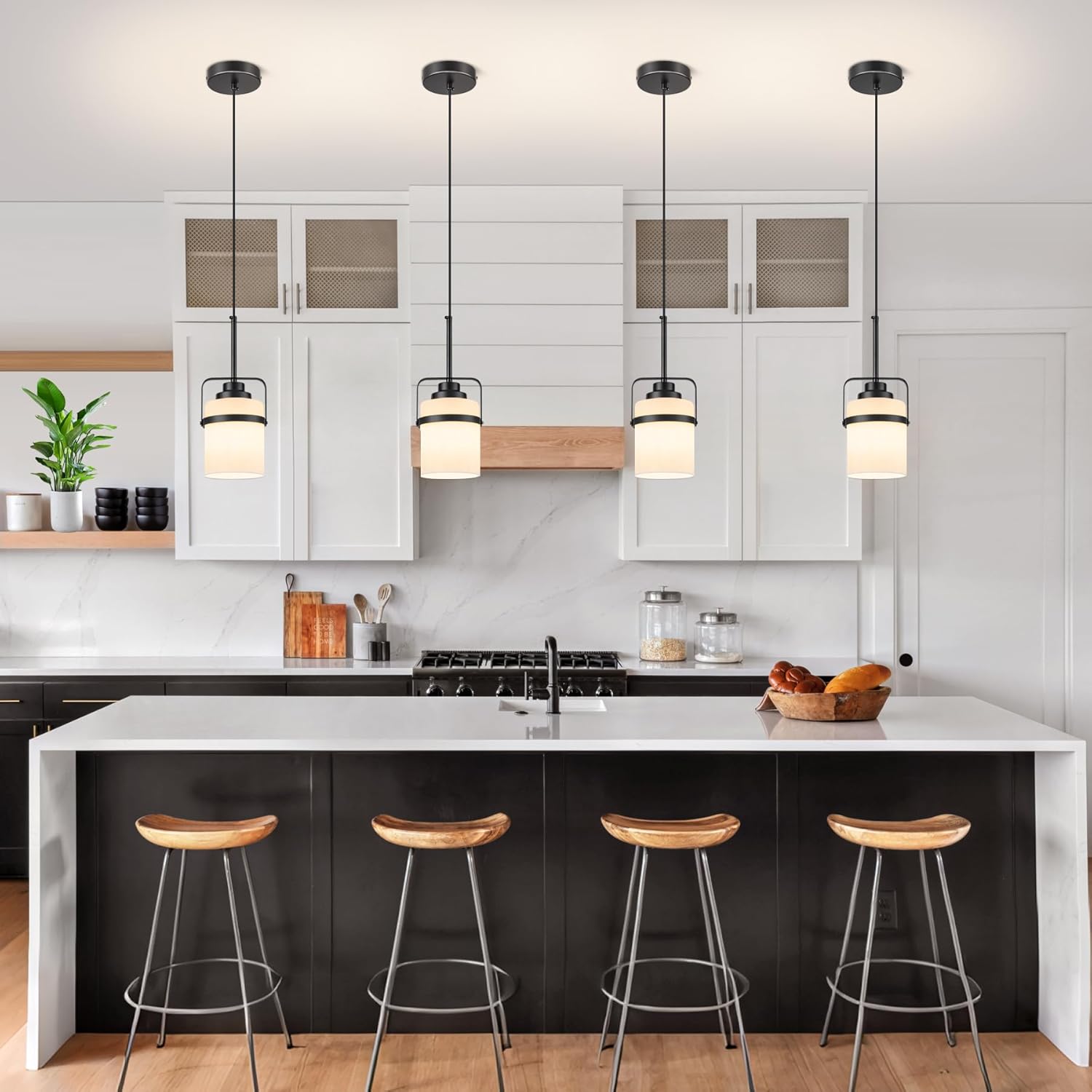 Modern Black Pendant Lights Kitchen Island Light, Adjustable Hanging Light Fixture with Milk Glass Shade, Farmhouse Pendant Light for Dining Room Bar Over Sink/Table/Counter, 2 Pack